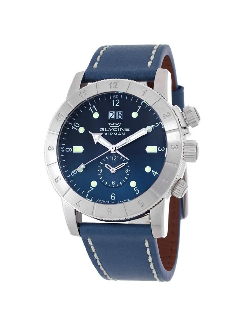 NWT Glycine Airman Contemporary GMT Quartz Blue Dial Men's Watch